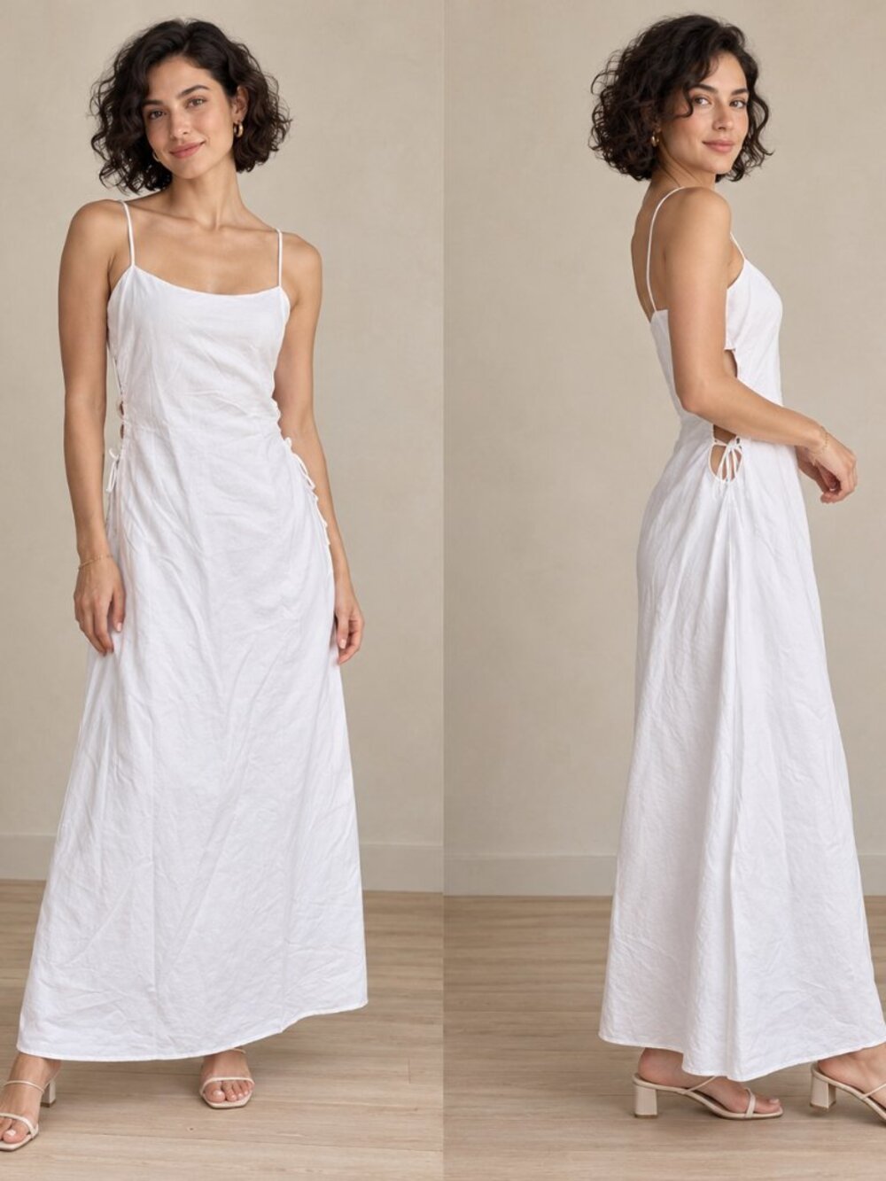 Zara White Spaghetti-Strap Maxi Dress Side Cut-Outs Cotton XL